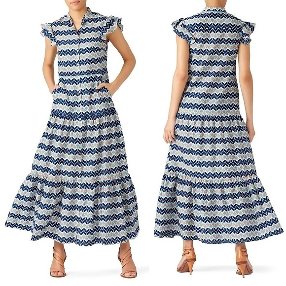 Paloma Blue Dresses & Skirts - PALOMA BLUE Silk Cotton Flutter Sleeve Button‎ Front Tiered Ruffle Maxi Dress L